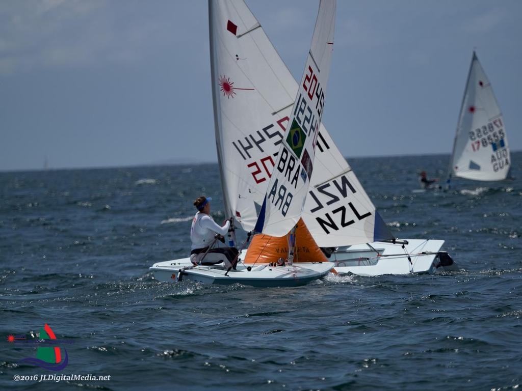 Sara Winther (NZL) crosses ahead of Fernanda Coelho (BRA)  - Day 3, 2016 Laser Radial World Championships, Mexico © JLDigitalMedia http://jldigitalmedia.zenfolio.com/